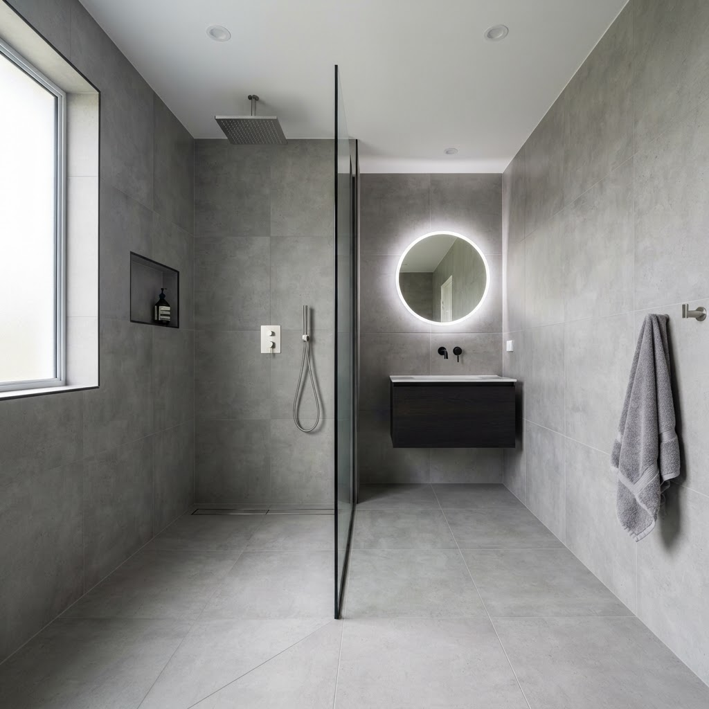 Modern minimalist wet room with large grey tiles and glass shower screen