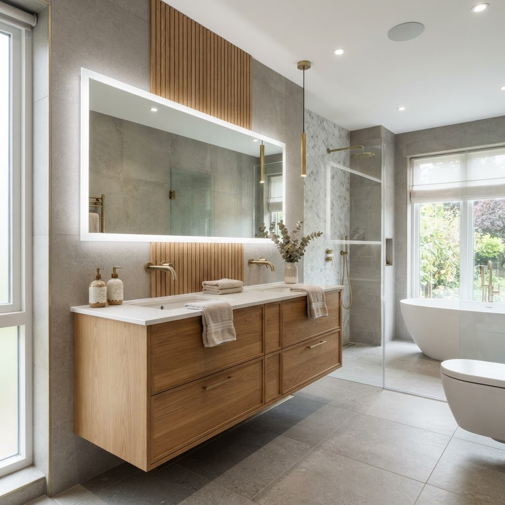 En-suite bathroom with double vanity and brushed brass tap fittings