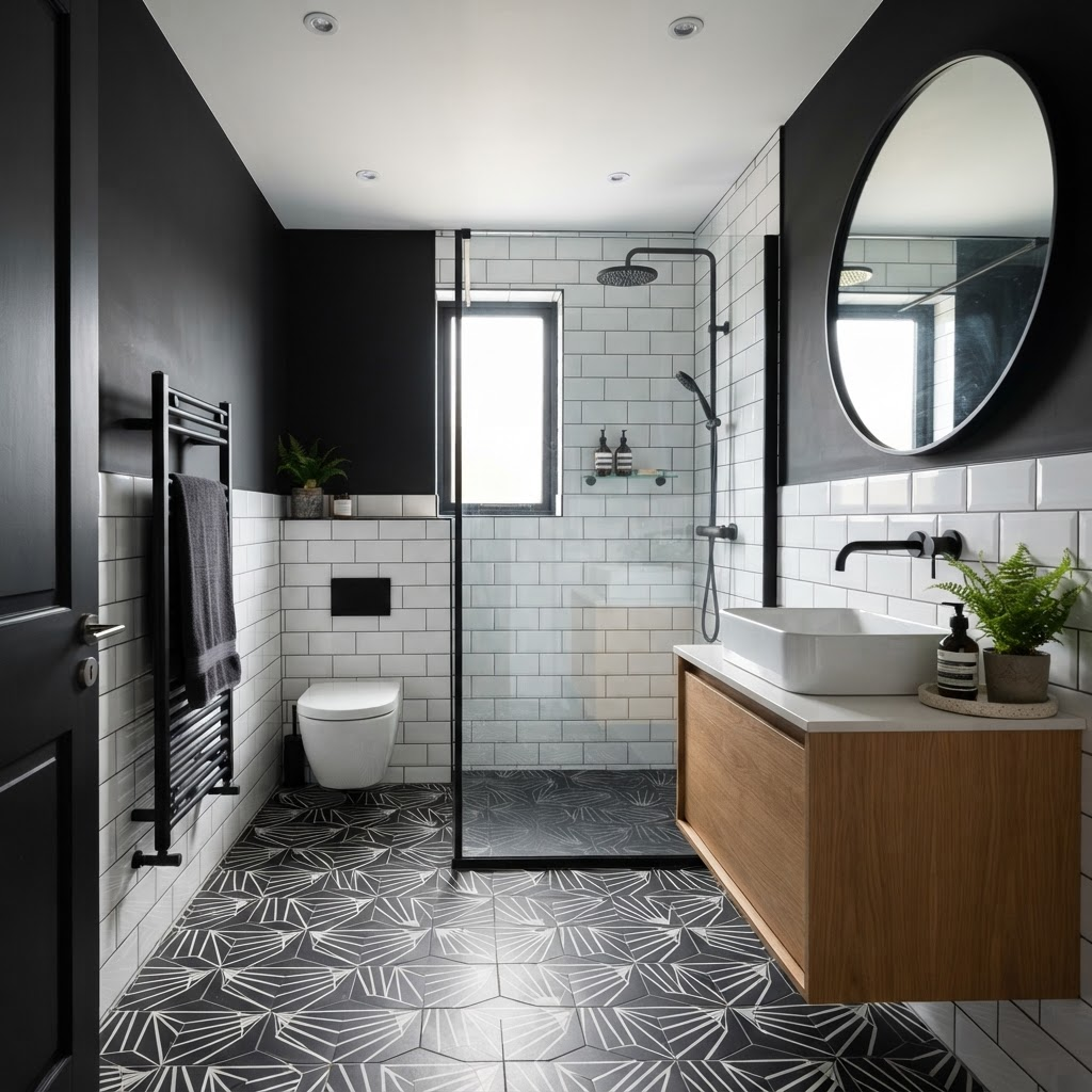 Monochrome bathroom with geometric floor tiles and matte black fittings