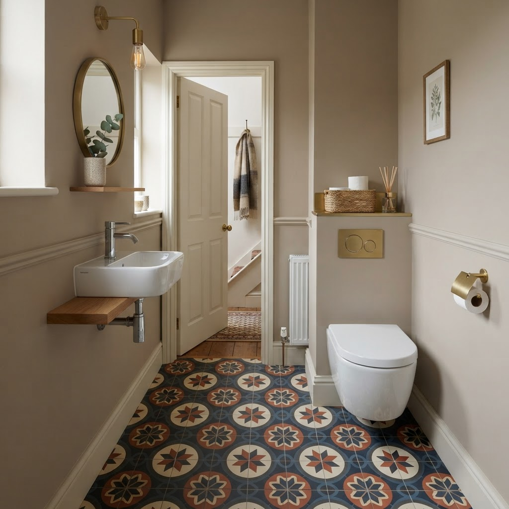 Small cloakroom toilet with patterned floor tiles and compact basin