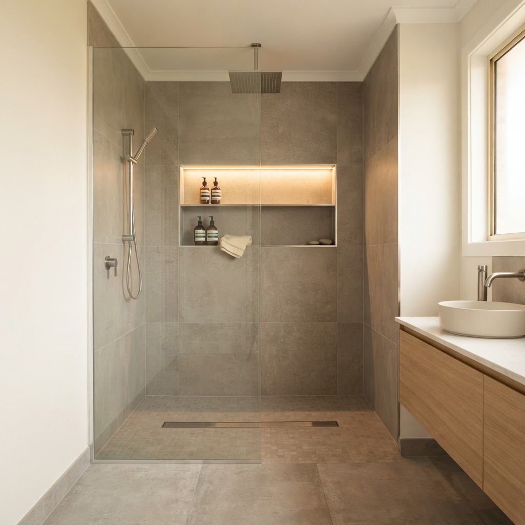 Walk-in shower with rainfall shower head and recessed shelving niche