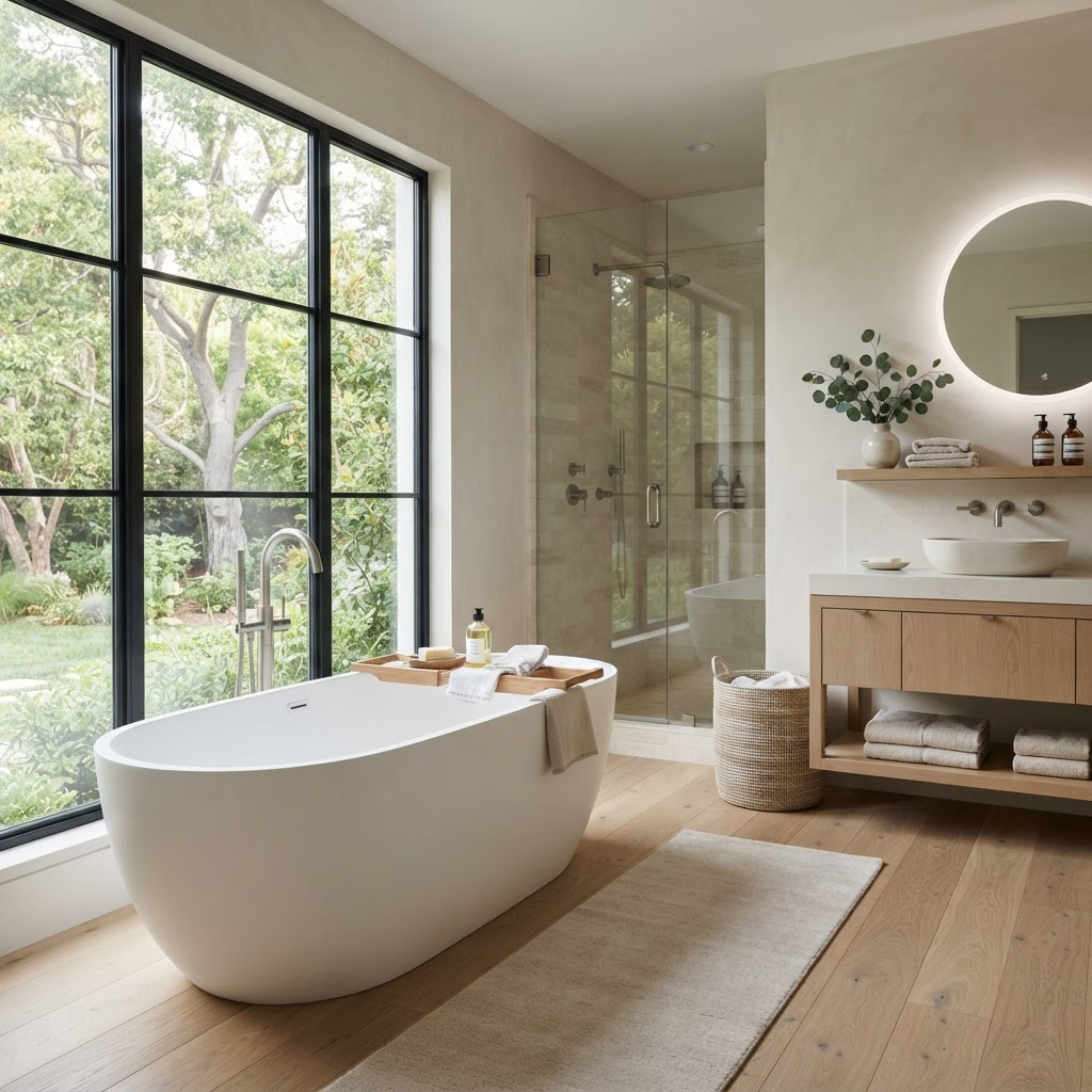 Bathroom with freestanding tub beside a window and light oak flooring