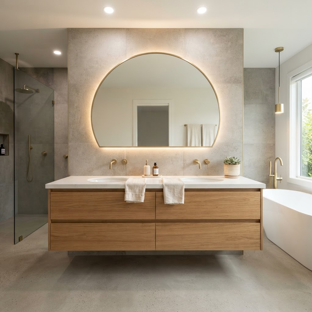 Contemporary bathroom vanity with backlit mirror